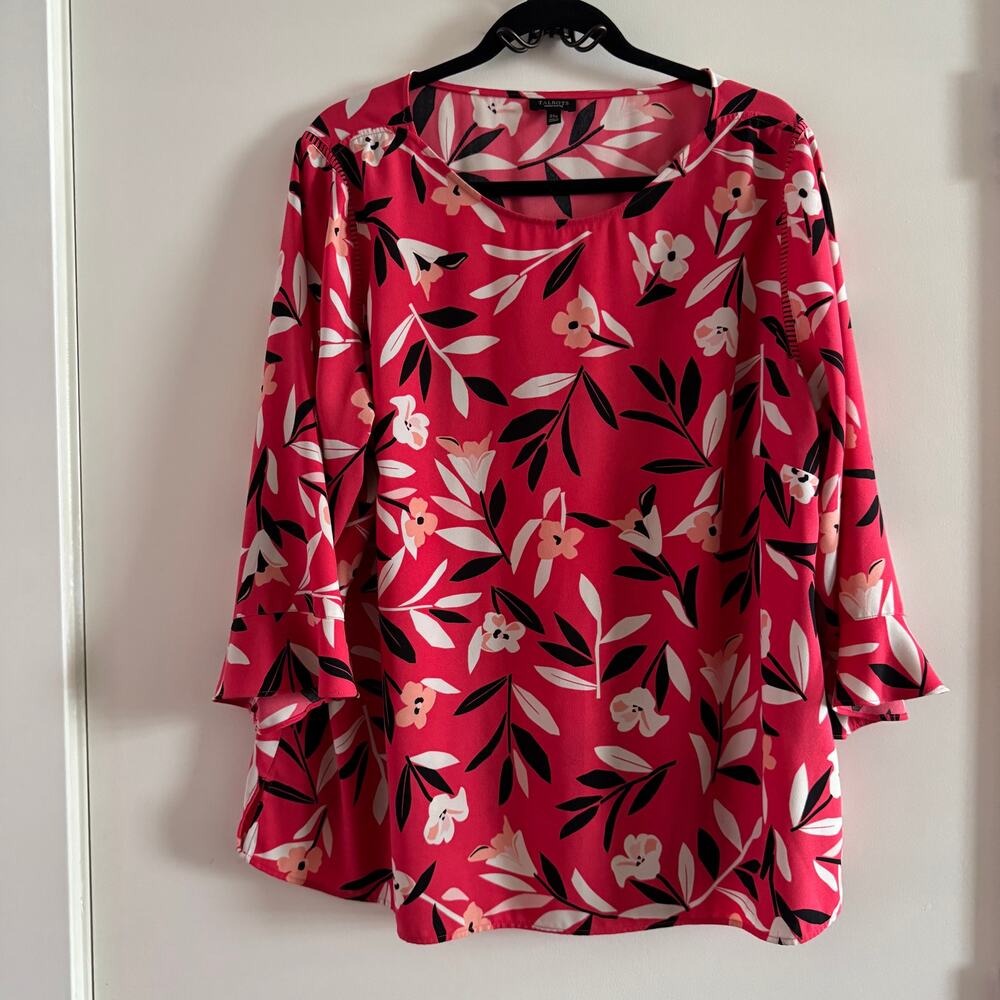Talbots Floral Top Pink Crew Neck Ruffled Side Zip 3/4 Bell Sleeve Sz 2XP